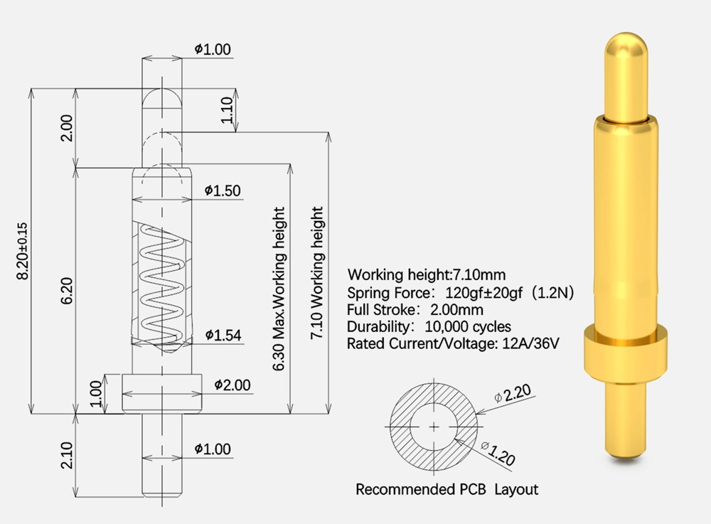 high current spring loaded contact pins